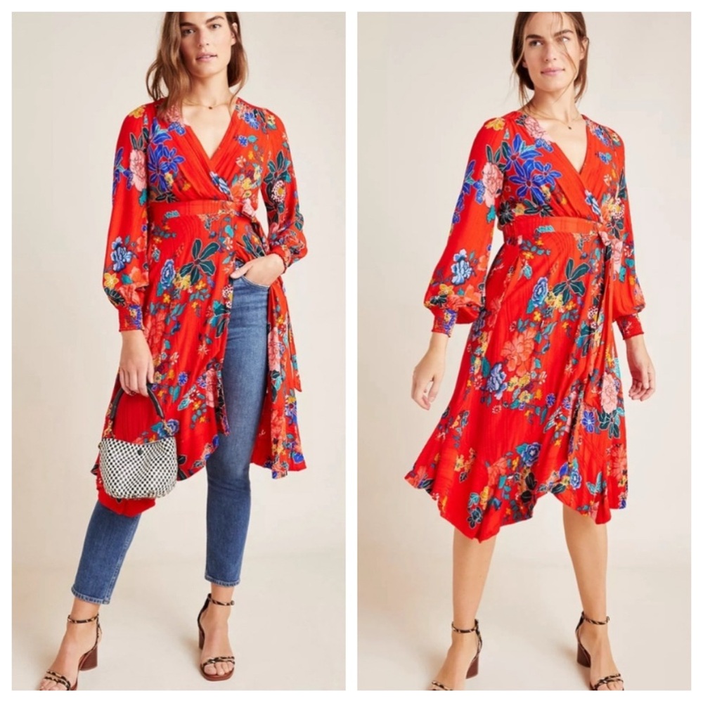 Anthropologie Vibrant Red Floral Wrap Midi Dress
